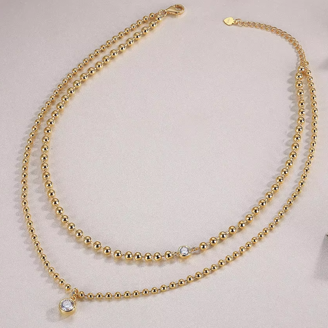Colar Duplo com Bolinhas e Moissanite – Ouro 18k