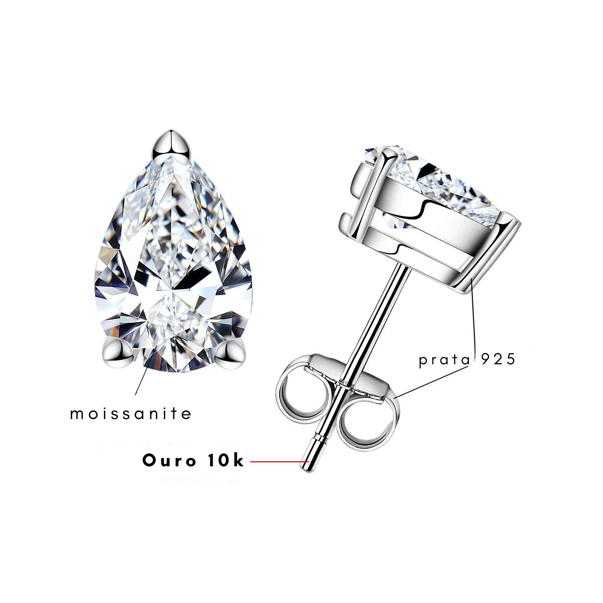 Brinco com Moissanite Pera – Ouro 10k