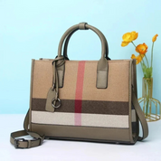 Bolsa Tote Feminina Xadrez Clássica em Tecido e Couro Caramelo - Elegante