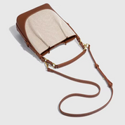 Bolsa Feminina de Ombro e Transversal em Lona Bege com Couro Marrom - Brenda