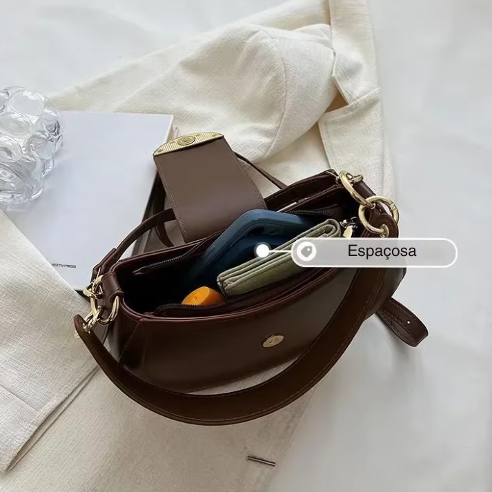 Bolsa Transversal Feminina Estilo Meia-Lua Com Alça Longa e Fecho Dourado - Lorena