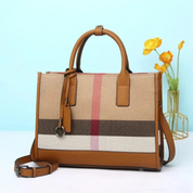 Bolsa Tote Feminina Xadrez Clássica em Tecido e Couro Caramelo - Elegante
