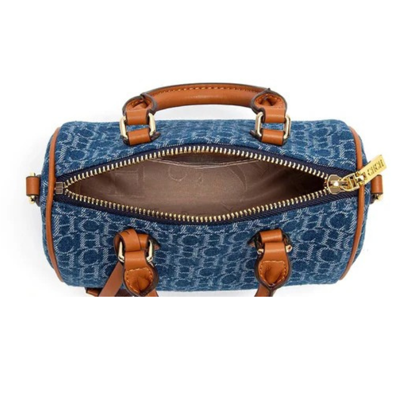 Bolsa Baú Feminina Jeans Azul com Detalhes em Couro - Júlia