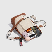 Bolsa Feminina de Ombro e Transversal em Lona Bege com Couro Marrom - Brenda