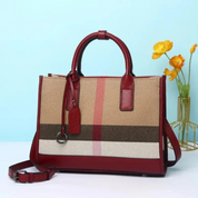 Bolsa Tote Feminina Xadrez Clássica em Tecido e Couro Caramelo - Elegante