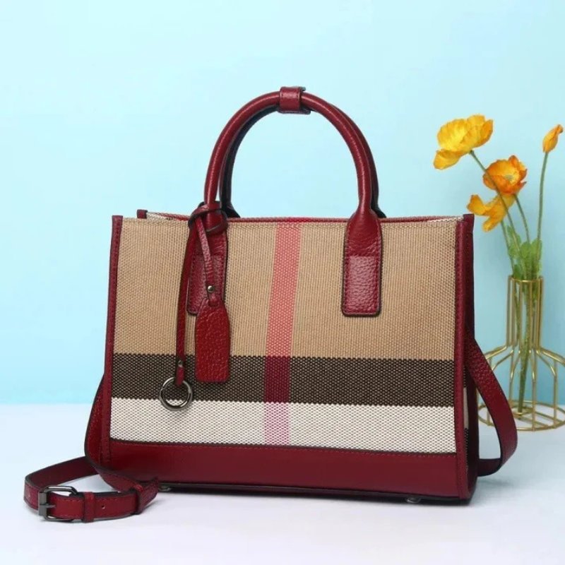 Bolsa Tote Feminina Xadrez Clássica em Tecido e Couro Caramelo - Elegante