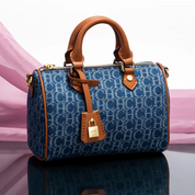 Bolsa Baú Feminina Jeans Azul com Detalhes em Couro - Júlia