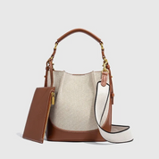 Bolsa Feminina de Ombro e Transversal em Lona Bege com Couro Marrom - Brenda