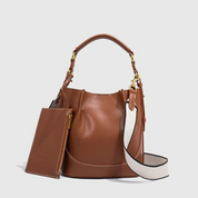 Bolsa Feminina de Ombro e Transversal em Lona Bege com Couro Marrom - Brenda
