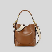 Bolsa Feminina de Ombro e Transversal em Lona Bege com Couro Marrom - Brenda