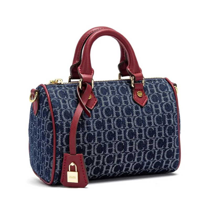 Bolsa Baú Feminina Jeans Azul com Detalhes em Couro - Júlia