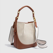 Bolsa Feminina de Ombro e Transversal em Lona Bege com Couro Marrom - Brenda