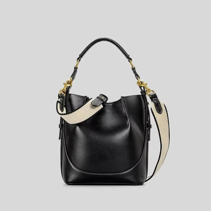 Bolsa Feminina de Ombro e Transversal em Lona Bege com Couro Marrom - Brenda