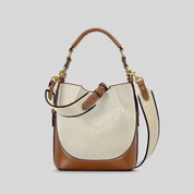 Bolsa Feminina de Ombro e Transversal em Lona Bege com Couro Marrom - Brenda