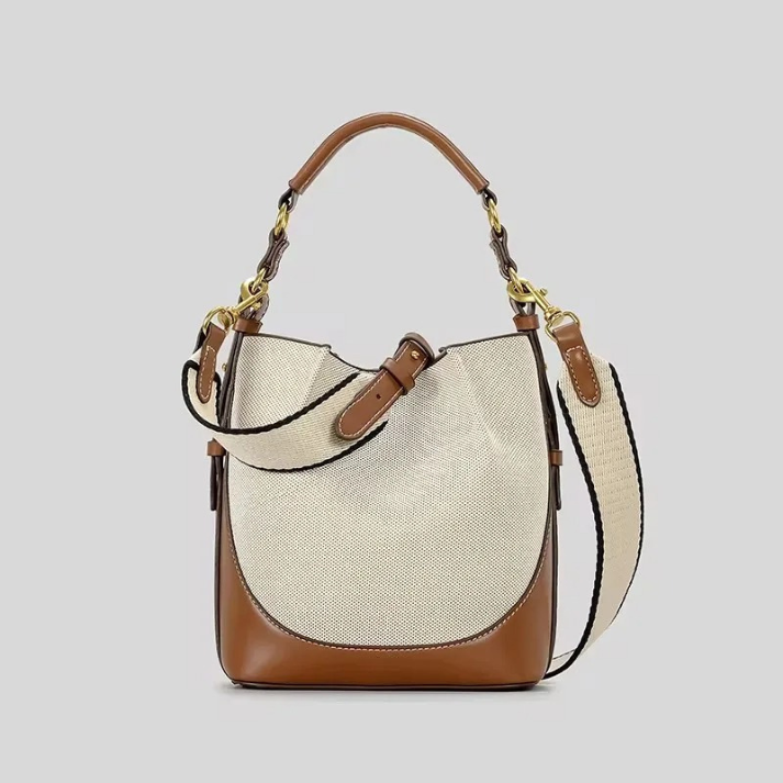 Bolsa Feminina de Ombro e Transversal em Lona Bege com Couro Marrom - Brenda