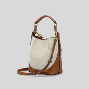 Bolsa Feminina de Ombro e Transversal em Lona Bege com Couro Marrom - Brenda