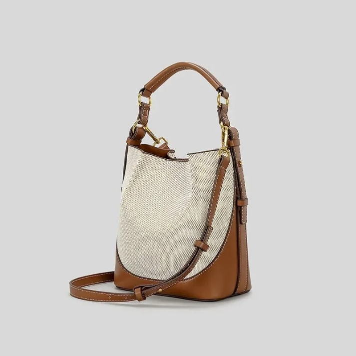 Bolsa Feminina de Ombro e Transversal em Lona Bege com Couro Marrom - Brenda