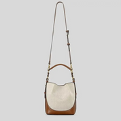 Bolsa Feminina de Ombro e Transversal em Lona Bege com Couro Marrom - Brenda