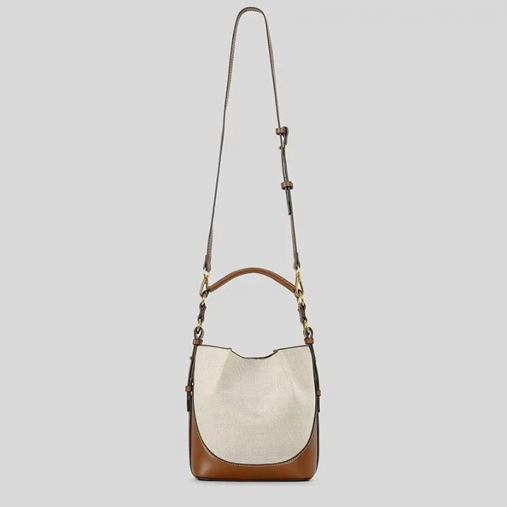 Bolsa Feminina de Ombro e Transversal em Lona Bege com Couro Marrom - Brenda