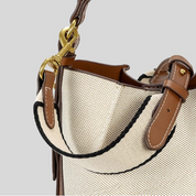 Bolsa Feminina de Ombro e Transversal em Lona Bege com Couro Marrom - Brenda