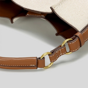 Bolsa Feminina de Ombro e Transversal em Lona Bege com Couro Marrom - Brenda
