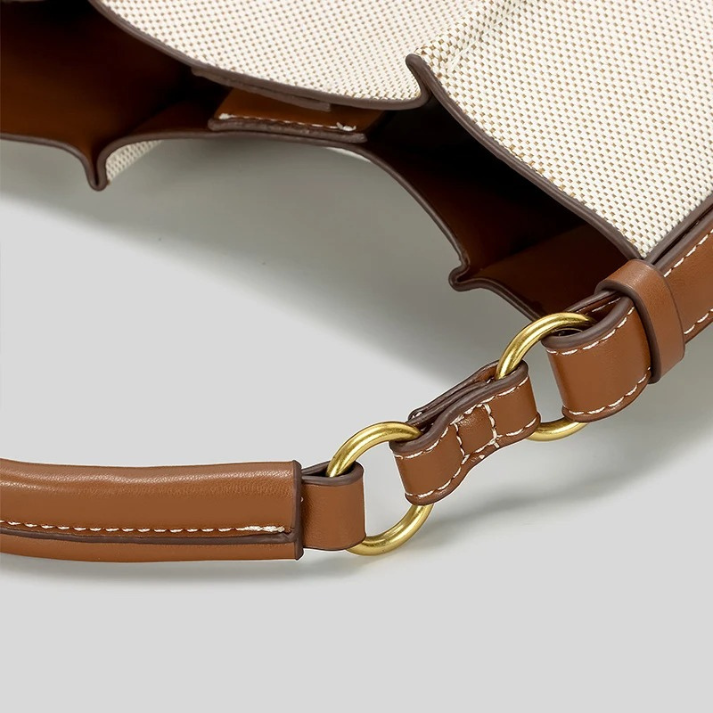Bolsa Feminina de Ombro e Transversal em Lona Bege com Couro Marrom - Brenda