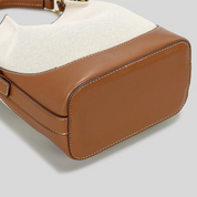 Bolsa Feminina de Ombro e Transversal em Lona Bege com Couro Marrom - Brenda