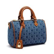 Bolsa Baú Feminina Jeans Azul com Detalhes em Couro - Júlia
