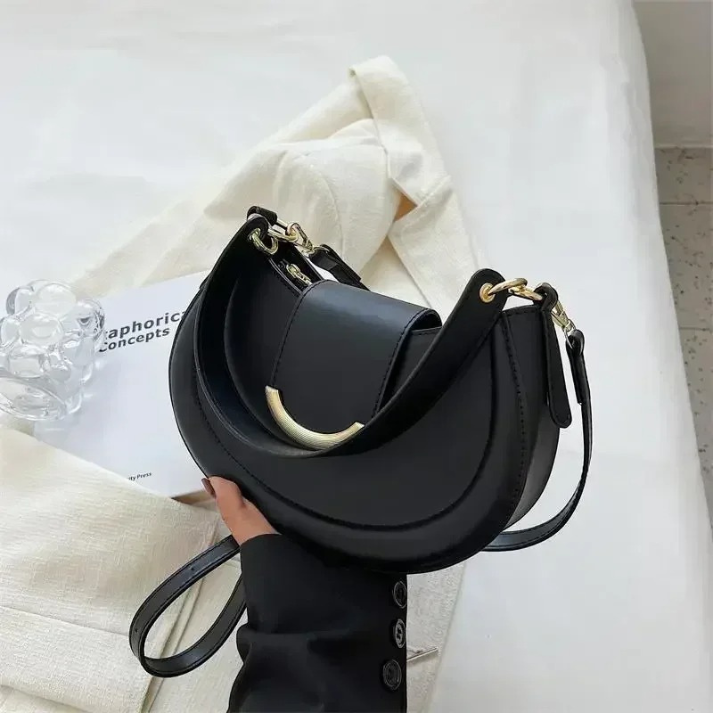 Bolsa Transversal Feminina Estilo Meia-Lua Com Alça Longa e Fecho Dourado - Lorena