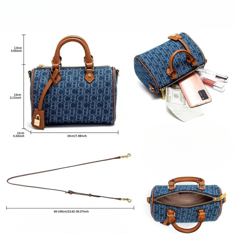 Bolsa Baú Feminina Jeans Azul com Detalhes em Couro - Júlia