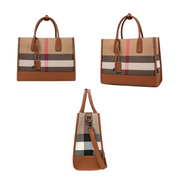 Bolsa Tote Feminina Xadrez Clássica em Tecido e Couro Caramelo - Elegante