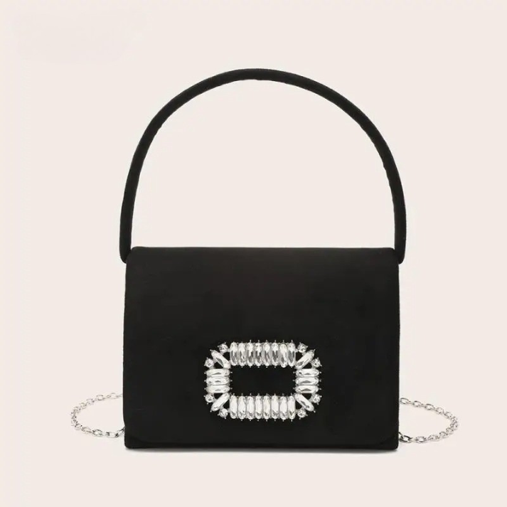 Bolsa Feminina de Festa com Fivela de Cristais e Corrente Prata Sofisticada - Manu