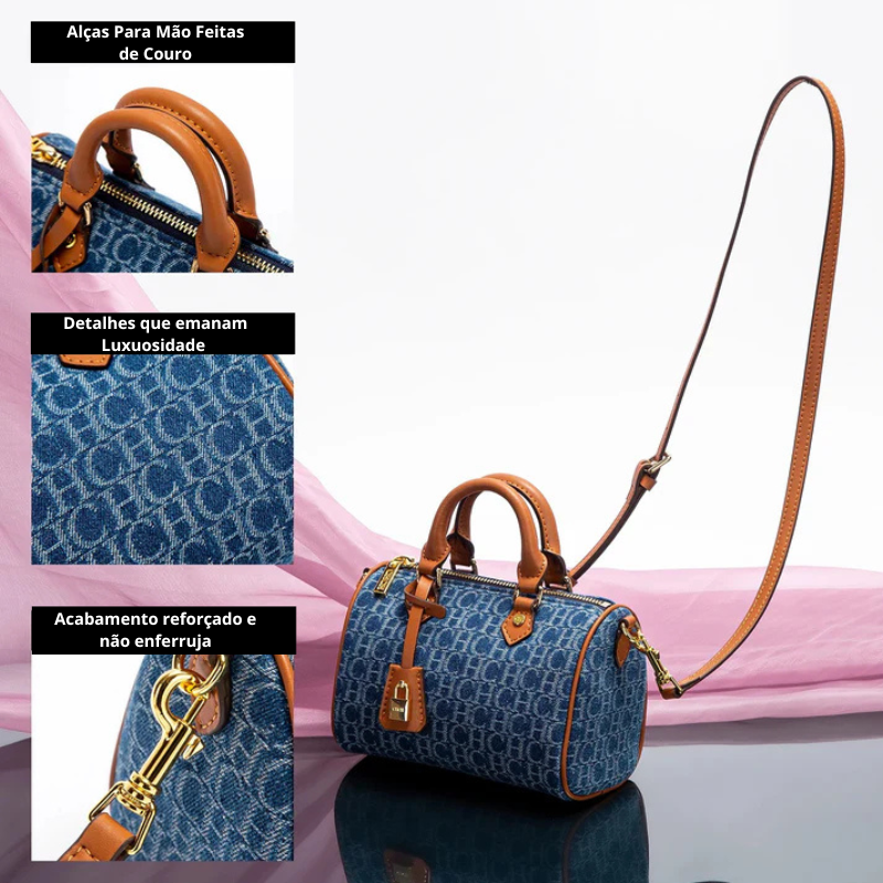 Bolsa Baú Feminina Jeans Azul com Detalhes em Couro - Júlia