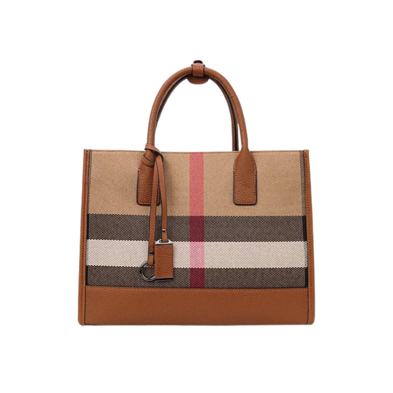 Bolsa Tote Feminina Xadrez Clássica em Tecido e Couro Caramelo - Elegante