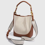Bolsa Feminina de Ombro e Transversal em Lona Bege com Couro Marrom - Brenda