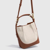 Bolsa Feminina de Ombro e Transversal em Lona Bege com Couro Marrom - Brenda
