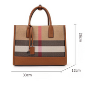 Bolsa Tote Feminina Xadrez Clássica em Tecido e Couro Caramelo - Elegante