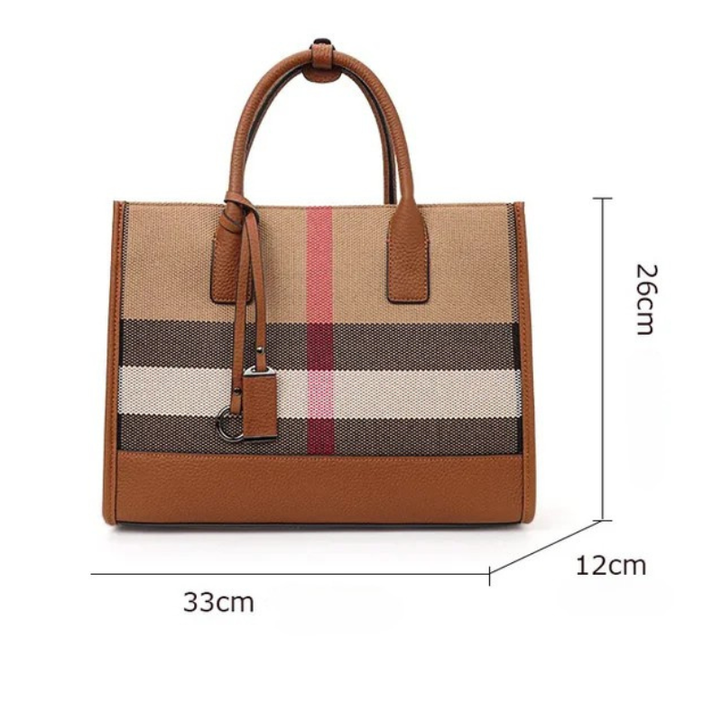 Bolsa Tote Feminina Xadrez Clássica em Tecido e Couro Caramelo - Elegante