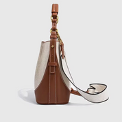 Bolsa Feminina de Ombro e Transversal em Lona Bege com Couro Marrom - Brenda