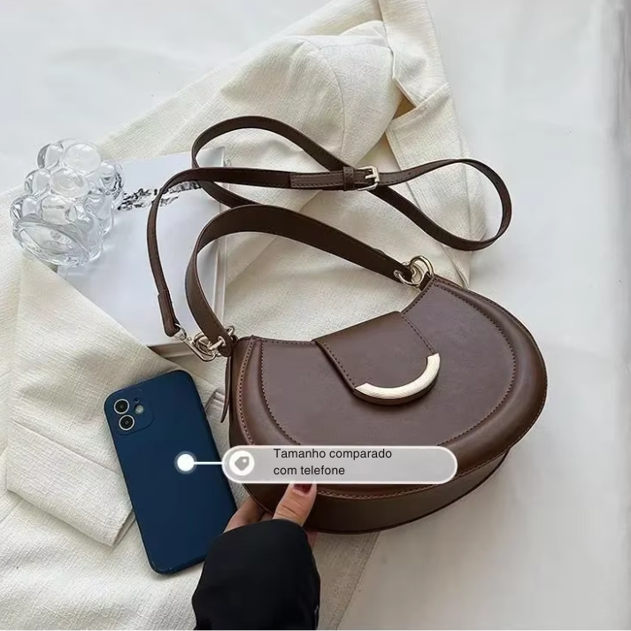 Bolsa Transversal Feminina Estilo Meia-Lua Com Alça Longa e Fecho Dourado - Lorena