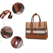 Bolsa Tote Feminina Xadrez Clássica em Tecido e Couro Caramelo - Elegante
