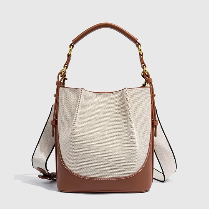 Bolsa Feminina de Ombro e Transversal em Lona Bege com Couro Marrom - Brenda