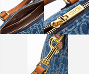 Bolsa Baú Feminina Jeans Azul com Detalhes em Couro - Júlia