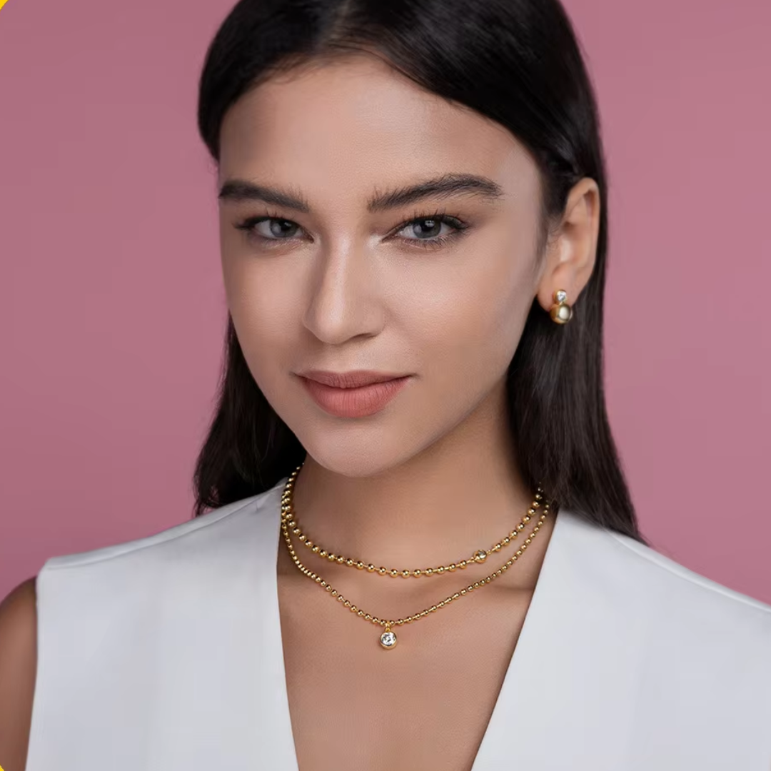 Colar Duplo com Bolinhas e Moissanite – Ouro 18k