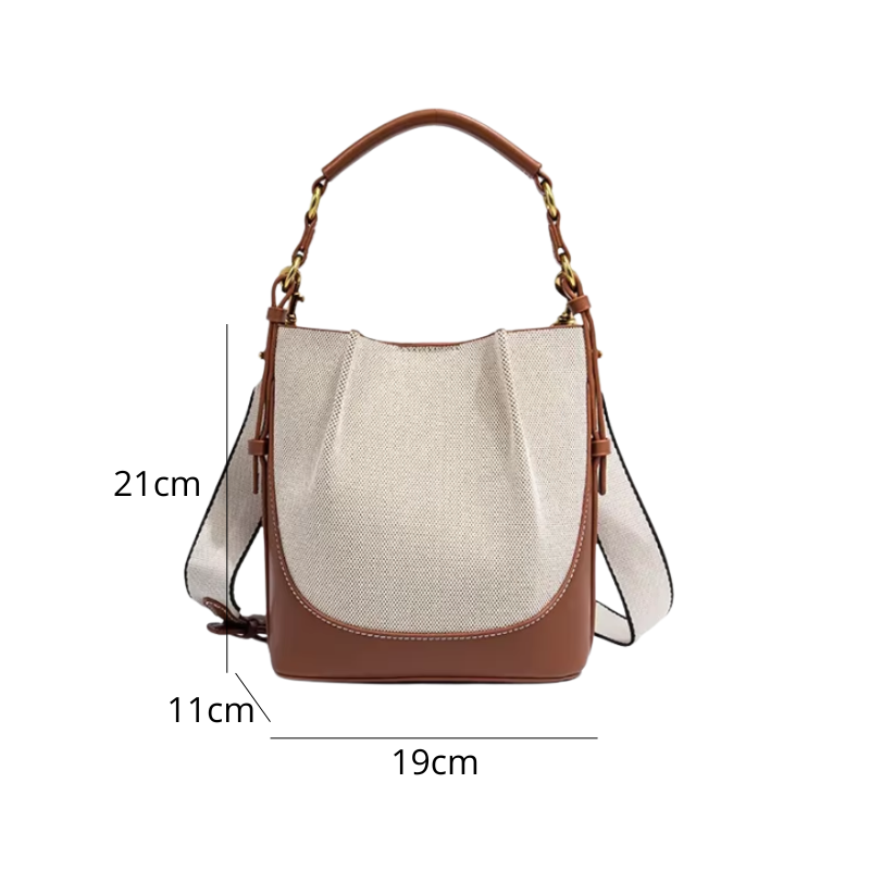 Bolsa Feminina de Ombro e Transversal em Lona Bege com Couro Marrom - Brenda
