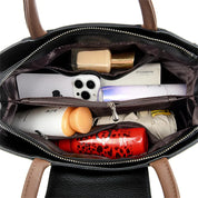 Bolsa de couro de bloco colorido feminina, bolsa de ombro versátil, multifuncional, bolsa de viajante de negócios, grande capacidade, moda
