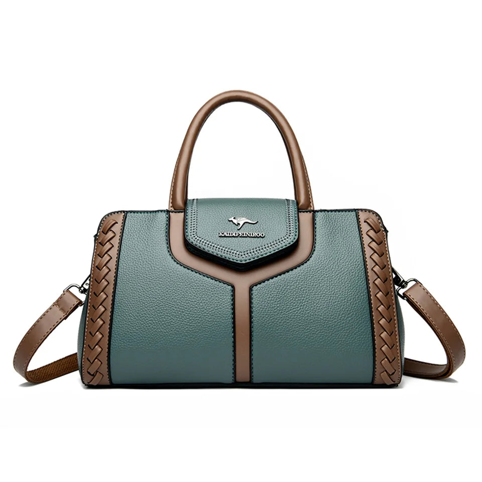 Bolsa de couro de bloco colorido feminina, bolsa de ombro versátil, multifuncional, bolsa de viajante de negócios, grande capacidade, moda