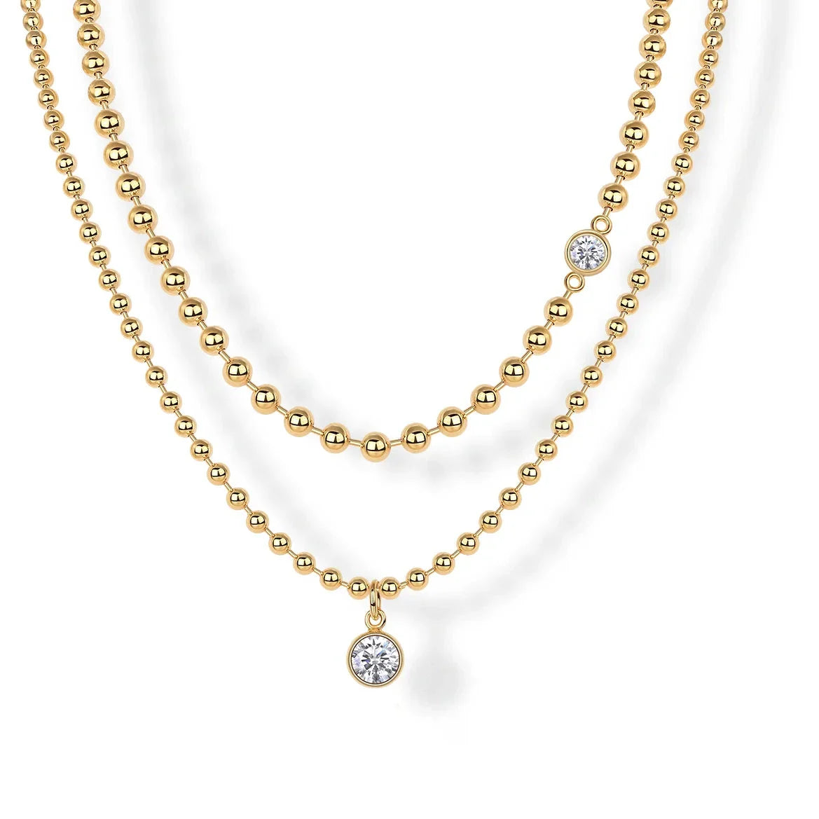 Colar Duplo com Bolinhas e Moissanite – Ouro 18k