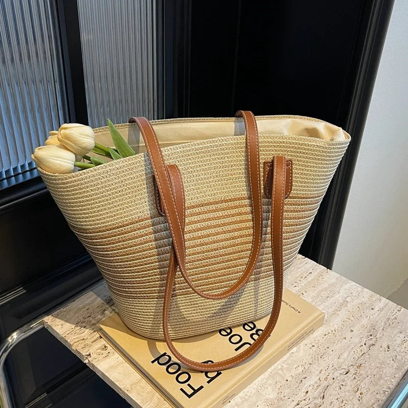 Bolsa de palha feminina, de praia, de férias, ao ar livre, grande capacidade, bolsa de ombro, viagem, verão, Ins Wind, novo, 2022