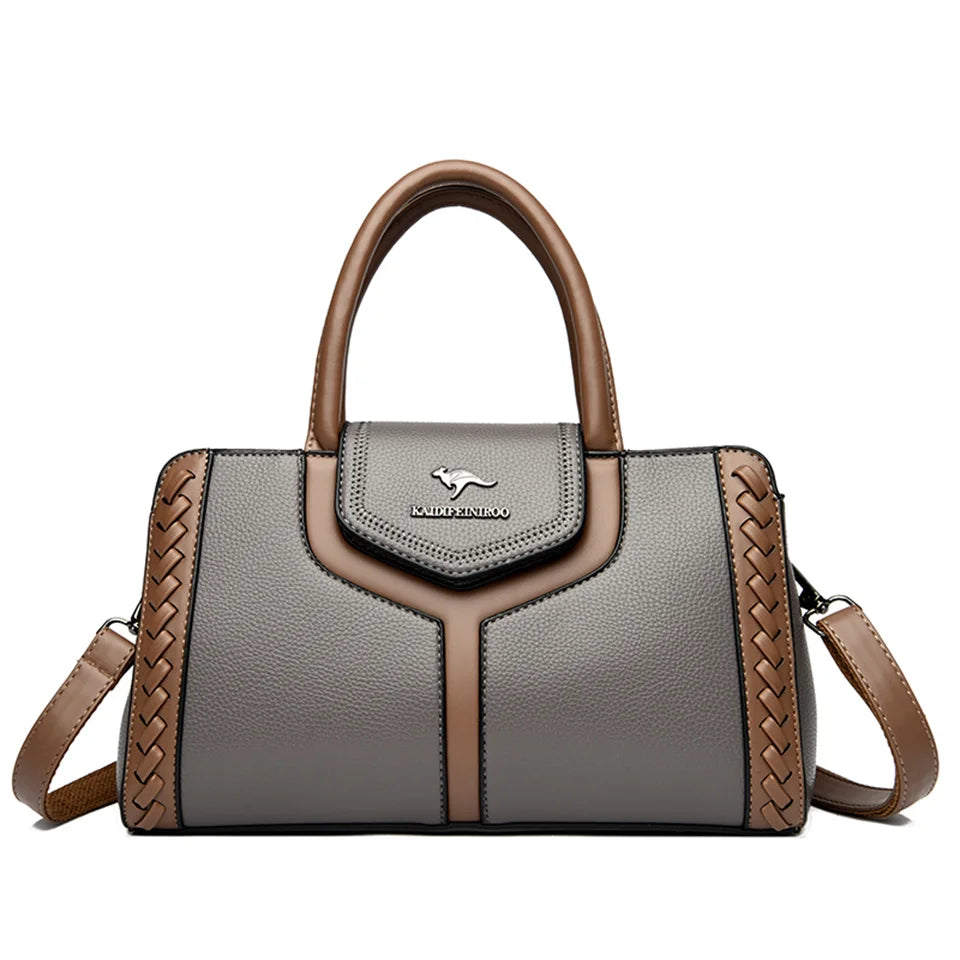 Bolsa de couro de bloco colorido feminina, bolsa de ombro versátil, multifuncional, bolsa de viajante de negócios, grande capacidade, moda